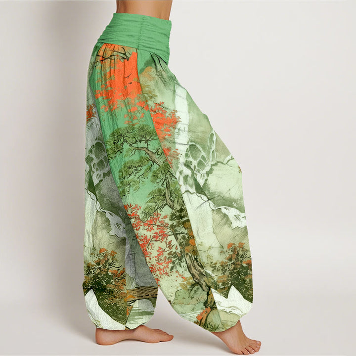 Pantaloni harem da donna con elastico in vita, in puro cotone, con motivo a paesaggio e alberi coordinati , Buddha Stones - image 1