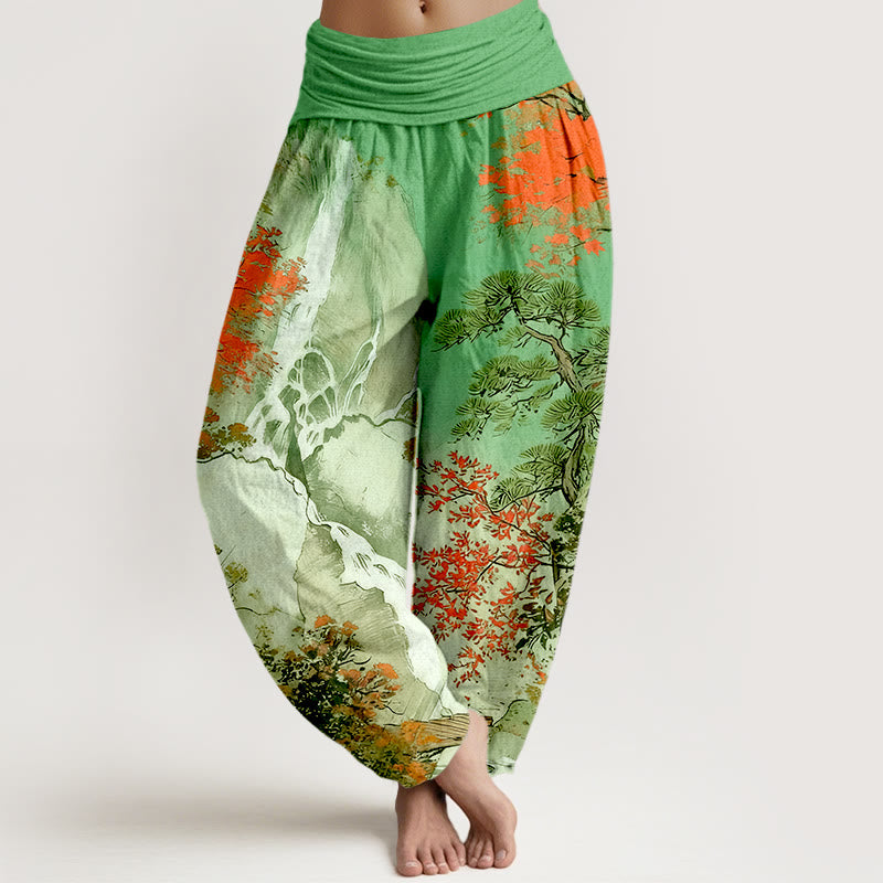 Pantaloni harem da donna con elastico in vita, in puro cotone, con motivo a paesaggio e alberi coordinati , Buddha Stones - Verde lime - US16, UK/AU20, EU48 (3XL) - image 0