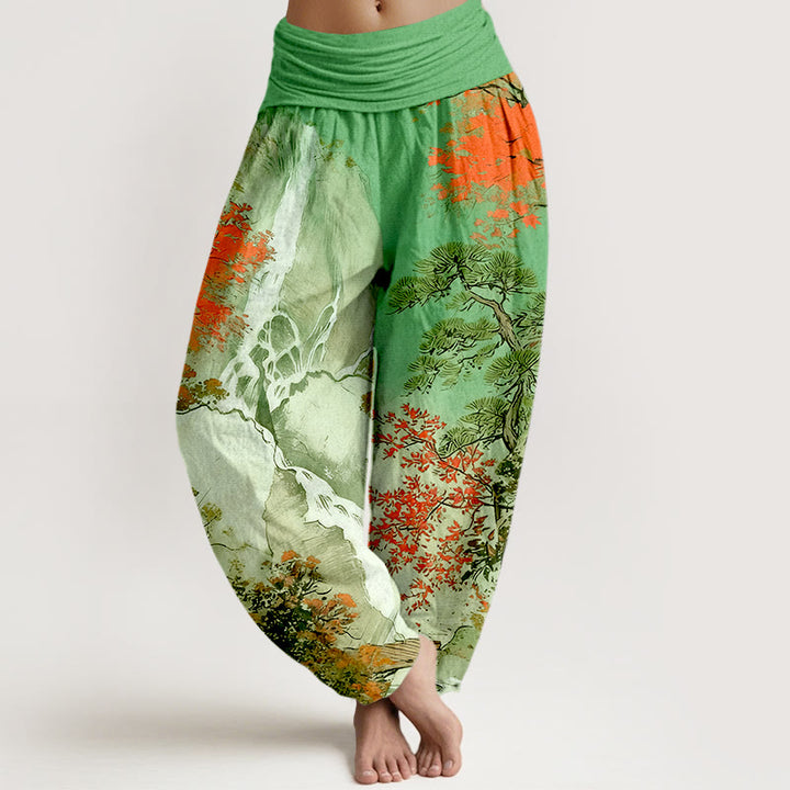 Pantaloni harem da donna con elastico in vita, in puro cotone, con motivo a paesaggio e alberi coordinati , Buddha Stones - Verde lime - US16, UK/AU20, EU48 (3XL) - image 0