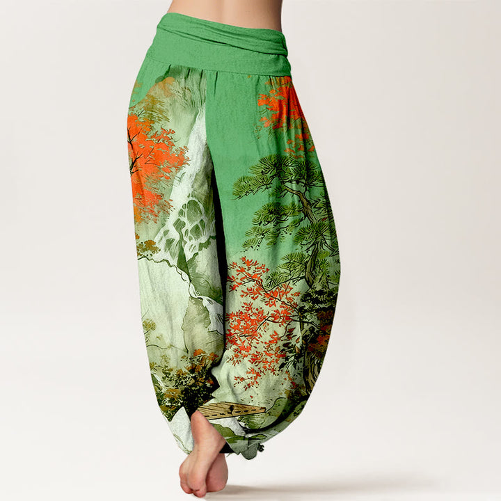Pantaloni harem da donna con elastico in vita, in puro cotone, con motivo a paesaggio e alberi coordinati , Buddha Stones - image 2