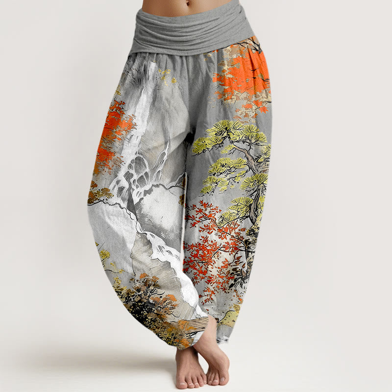 Pantaloni harem da donna con elastico in vita, in puro cotone, con motivo a paesaggio e alberi coordinati , Buddha Stones - Grigio scuro - US16, UK/AU20, EU48 (3XL) - image 5