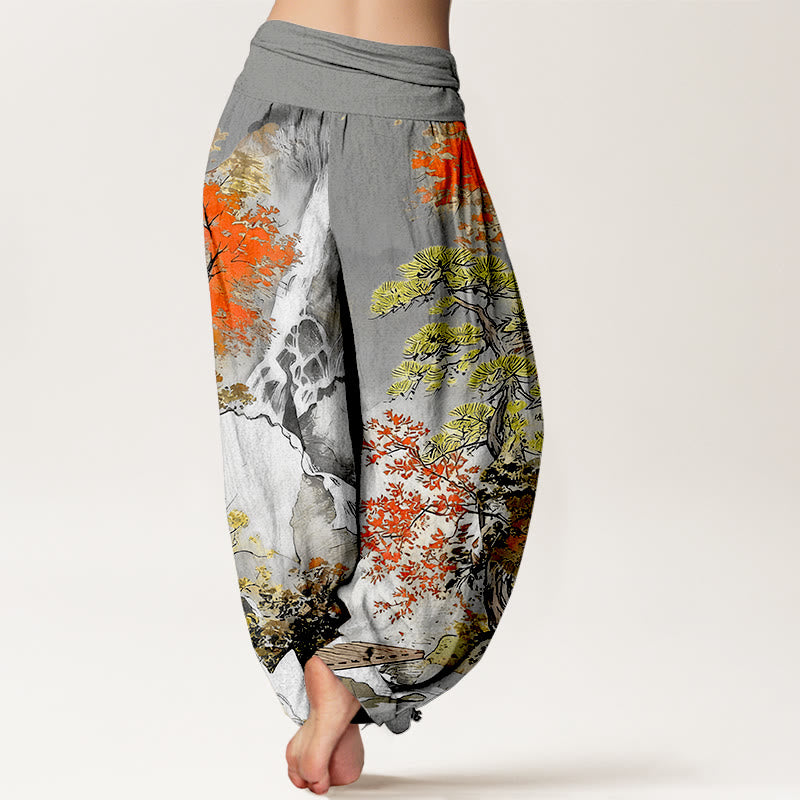 Pantaloni harem da donna con elastico in vita, in puro cotone, con motivo a paesaggio e alberi coordinati , Buddha Stones - image 6
