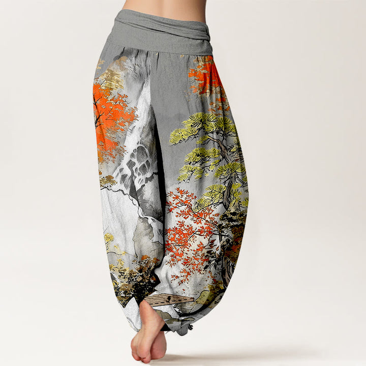 Pantaloni harem da donna con elastico in vita, in puro cotone, con motivo a paesaggio e alberi coordinati , Buddha Stones - image 6