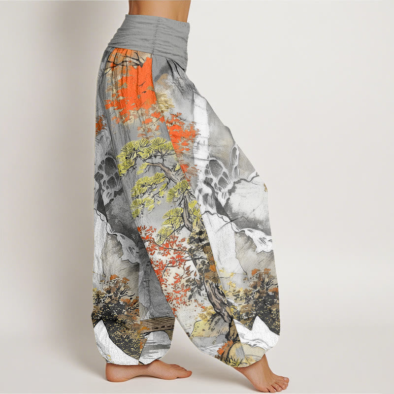 Pantaloni harem da donna con elastico in vita, in puro cotone, con motivo a paesaggio e alberi coordinati , Buddha Stones - image 7