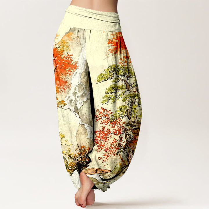 Pantaloni harem da donna con elastico in vita, in puro cotone, con motivo a paesaggio e alberi coordinati , Buddha Stones - image 10