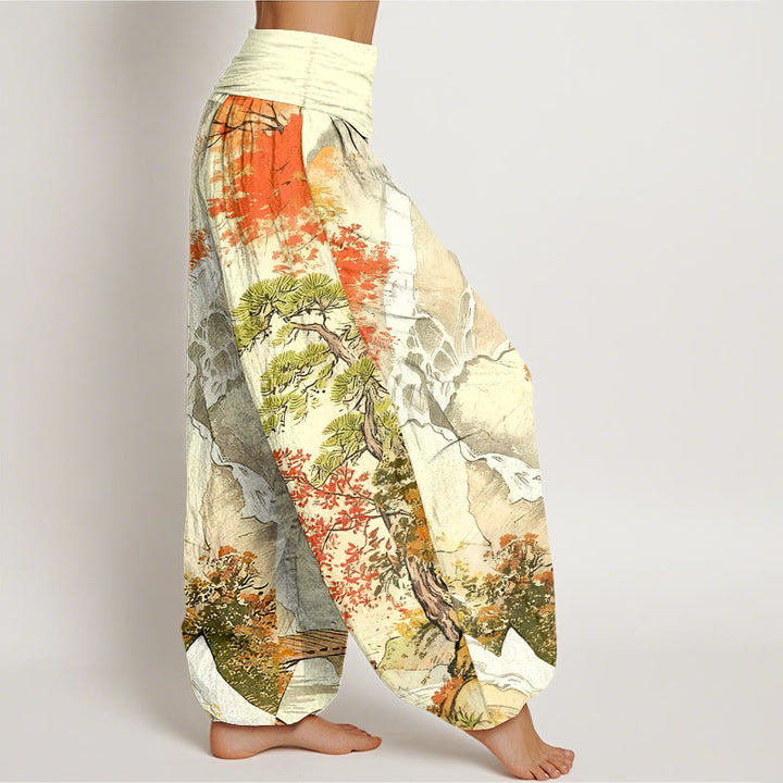 Pantaloni harem da donna con elastico in vita, in puro cotone, con motivo a paesaggio e alberi coordinati , Buddha Stones - image 9