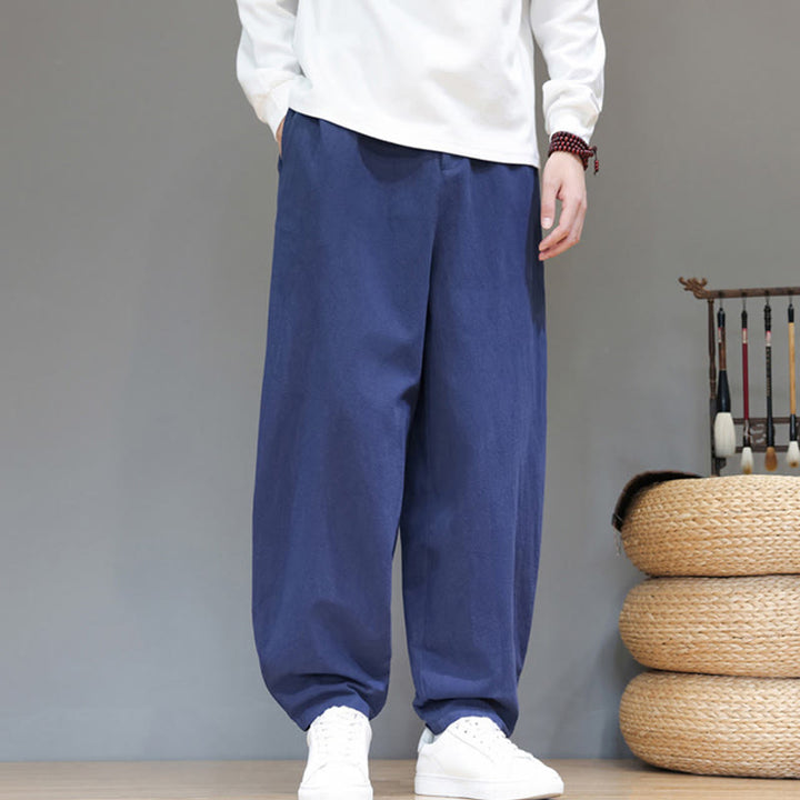 Pantaloni da uomo in cotone con tasche e bottoni color puro Buddha Stones Fall Sports - image 4