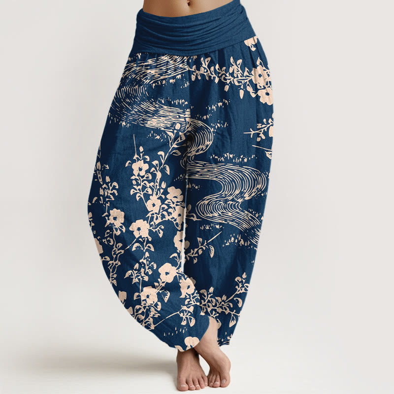 Pantaloni harem da donna con elastico in vita, motivo a fiori semplici in puro cotone Buddha Stones - Blu scuro - US16, UK/AU20, EU48 (3XL) - image 0