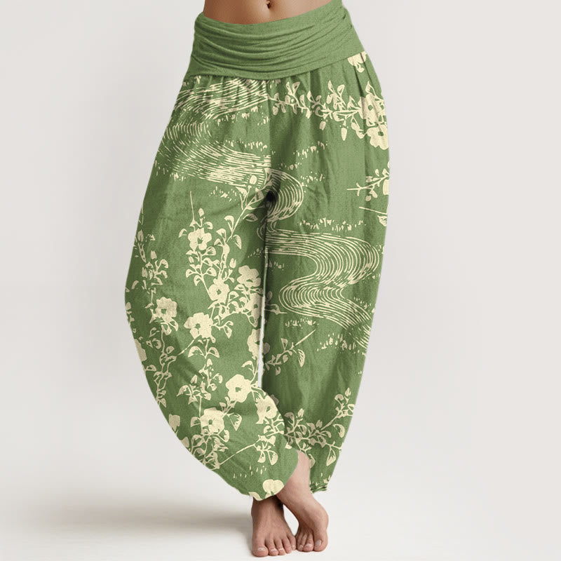 Pantaloni harem da donna con elastico in vita, motivo a fiori semplici in puro cotone Buddha Stones - GialloVerde - US16, UK/AU20, EU48 (3XL) - image 8