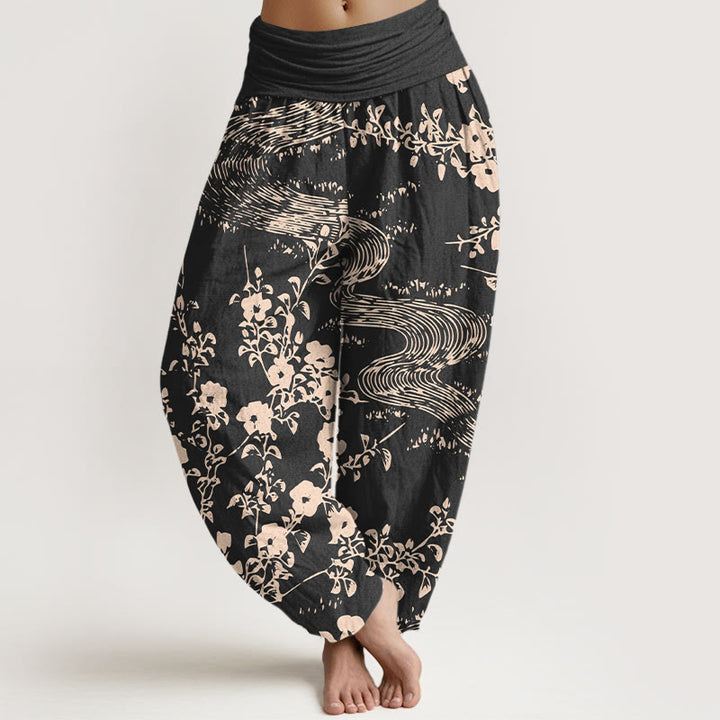 Pantaloni harem da donna con elastico in vita, motivo a fiori semplici in puro cotone Buddha Stones - Nero - US16, UK/AU20, EU48 (3XL) - image 5