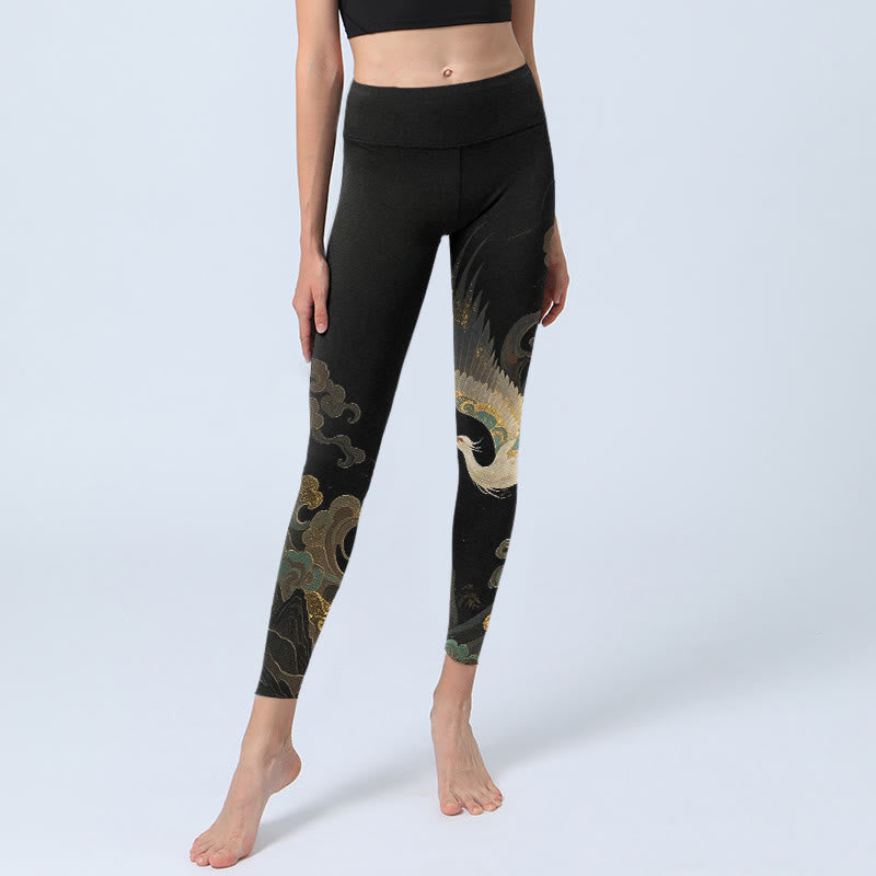 Leggings da palestra con stampa a motivo di nuvole e fenice che svettano Buddha Stones, pantaloni da yoga da donna - image 5