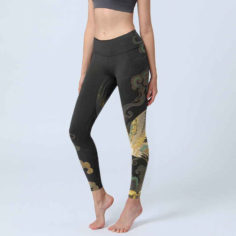 Leggings da palestra con stampa a motivo di nuvole e fenice che svettano Buddha Stones, pantaloni da yoga da donna - Nero - US18, UK/AU22, EU50 (4XL) - image 0