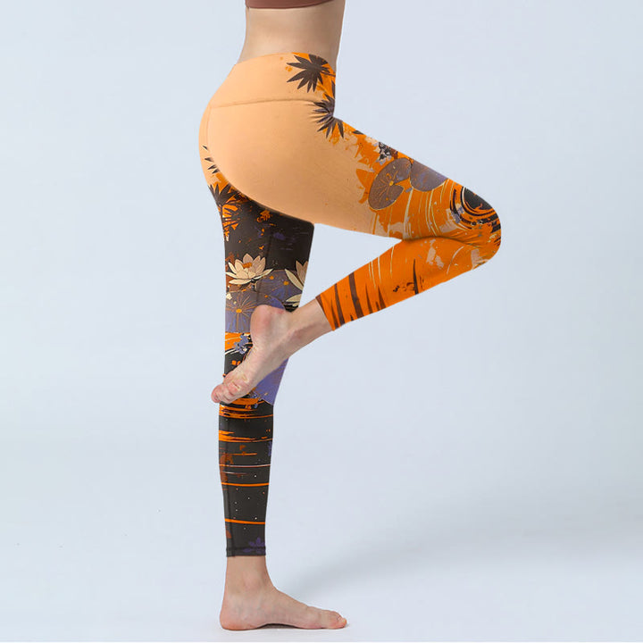 Leggings da palestra con stampa Buddha Stones, fiori di loto, foglie e increspature d'acqua, pantaloni da yoga da donna - image 4
