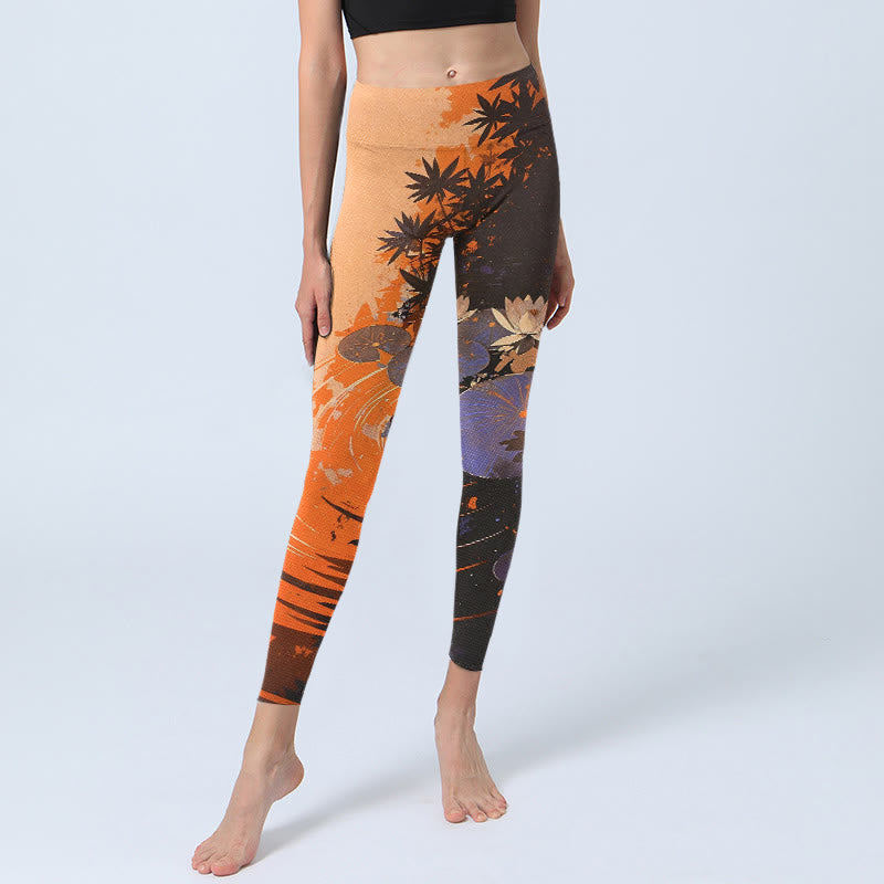 Leggings da palestra con stampa Buddha Stones, fiori di loto, foglie e increspature d'acqua, pantaloni da yoga da donna - image 5