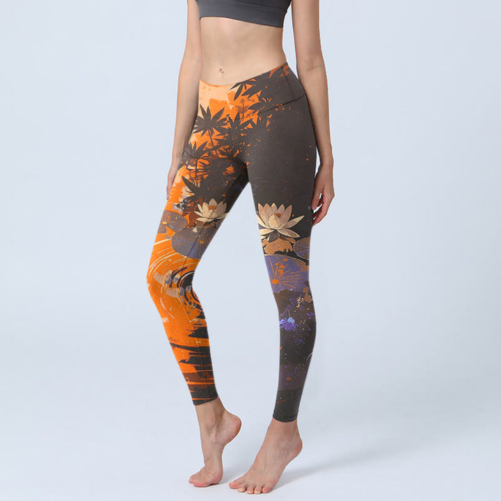 Leggings da palestra con stampa Buddha Stones, fiori di loto, foglie e increspature d'acqua, pantaloni da yoga da donna - Arancia - US18, UK/AU22, EU50 (4XL) - image 0