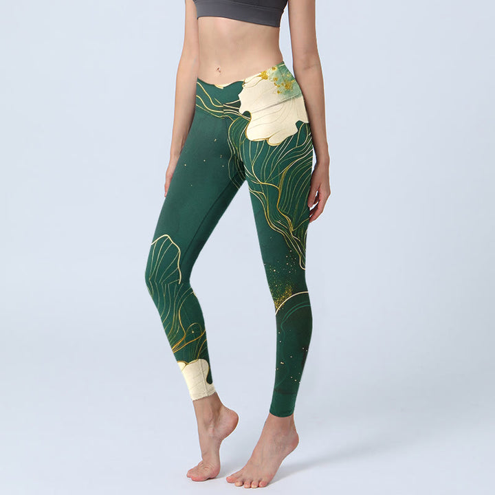 Leggings da palestra con stampa di fiori eleganti Buddha Stones, pantaloni da yoga da donna - Verde scuro - US18, UK/AU22, EU50 (4XL) - image 0