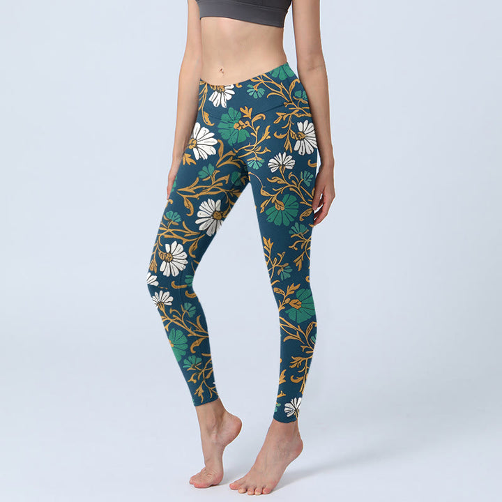Leggings da palestra con stampa di fiori e viticci in stile pastorale retrò, pantaloni da yoga da donna, modello Buddha Stones - Marina - US18, UK/AU22, EU50 (4XL) - image 0