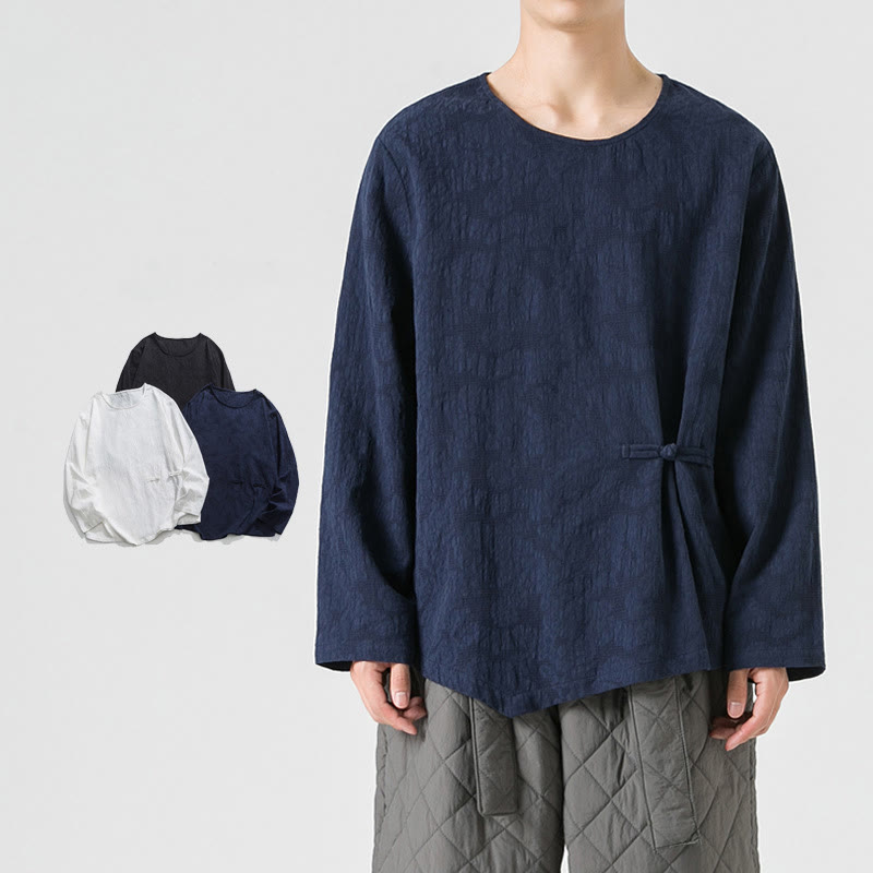 Maglietta a maniche lunghe in cotone con bottoni cinesi Buddha Stones da uomo, modello semplice, abbigliamento Zen - Marina - US/UK/AU46, EU56 (5XL) - image 1