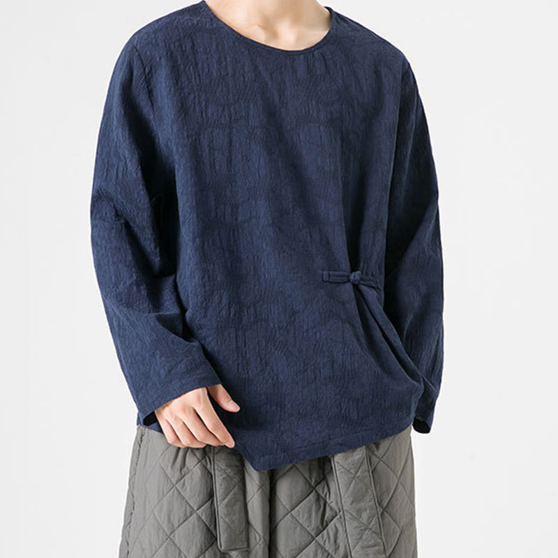 Maglietta a maniche lunghe in cotone con bottoni cinesi Buddha Stones da uomo, modello semplice, abbigliamento Zen - image 0