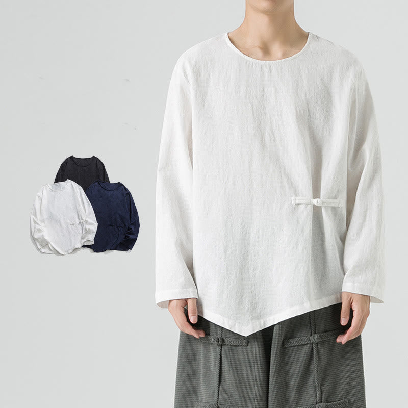 Maglietta a maniche lunghe in cotone con bottoni cinesi Buddha Stones da uomo, modello semplice, abbigliamento Zen - Bianco - US/UK/AU46, EU56 (5XL) - image 9