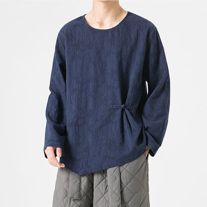 Maglietta a maniche lunghe in cotone con bottoni cinesi Buddha Stones da uomo, modello semplice, abbigliamento Zen - image 3