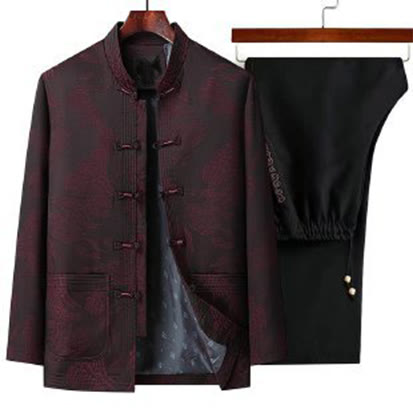 Set di 2 pezzi Buddha Stones , completo da uomo con camicia a maniche lunghe, pantaloni e bottoni a rana, in cotone - Rosso scuro - US/UK/AU44, EU54 (4XL) - image 4