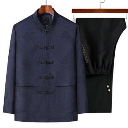 Set di 2 pezzi Buddha Stones , completo da uomo con camicia a maniche lunghe, pantaloni e bottoni a rana, in cotone - Blu notte - US/UK/AU44, EU54 (4XL) - image 2