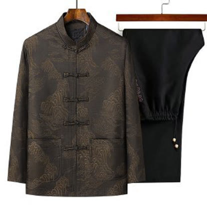 Set di 2 pezzi Buddha Stones , completo da uomo con camicia a maniche lunghe, pantaloni e bottoni a rana, in cotone - Marrone sella - US/UK/AU44, EU54 (4XL) - image 0