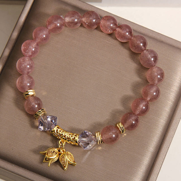 Braccialetto di perline positive in quarzo fragola naturale con mughetto Buddha Stones - image 8
