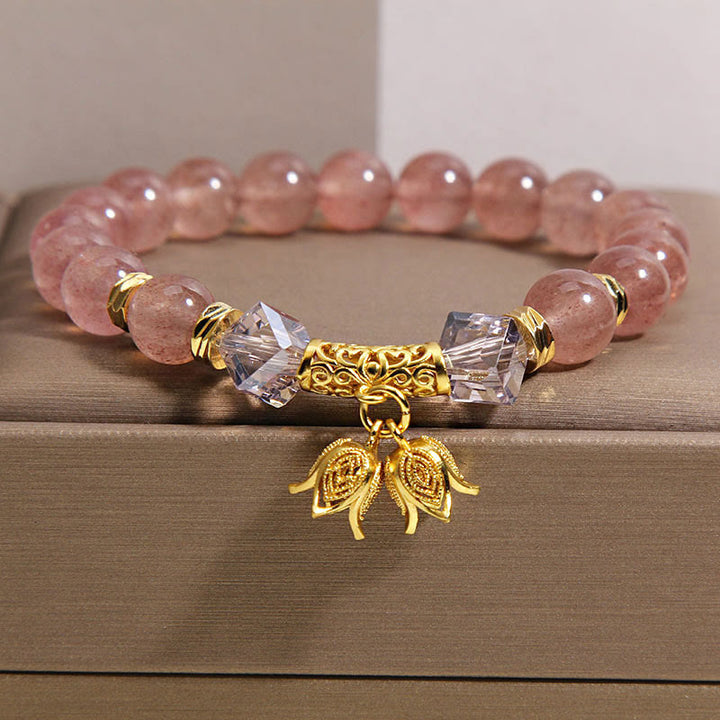 Braccialetto di perline positive in quarzo fragola naturale con mughetto Buddha Stones - Quarzo fragola (circonferenza del polso: 15-17 cm) - image 0