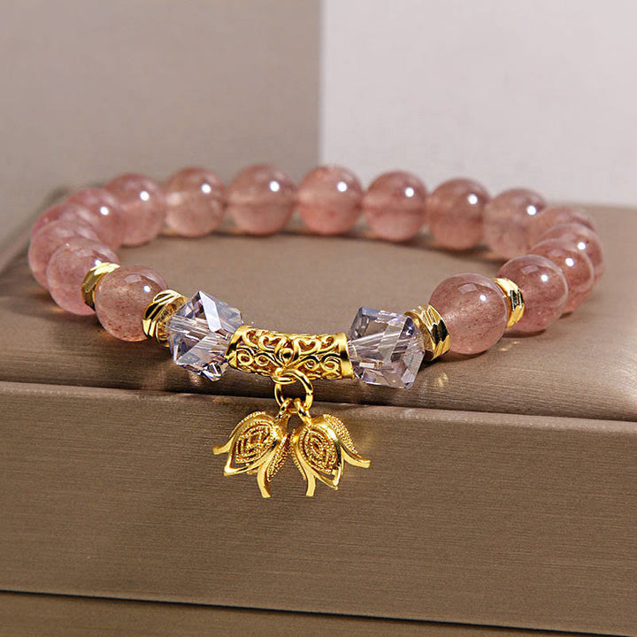 Braccialetto di perline positive in quarzo fragola naturale con mughetto Buddha Stones - image 2