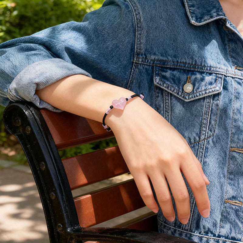 Braccialetto di calore con corda intrecciata in cristallo rosa e ciondolo a forma di cuore naturale Buddha Stones - image 9