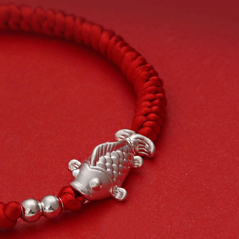 Braccialetto portafortuna con perline in argento sterling 990, motivo pesce koi in argento sterling 999, Buddha Stones e filo rosso - image 5