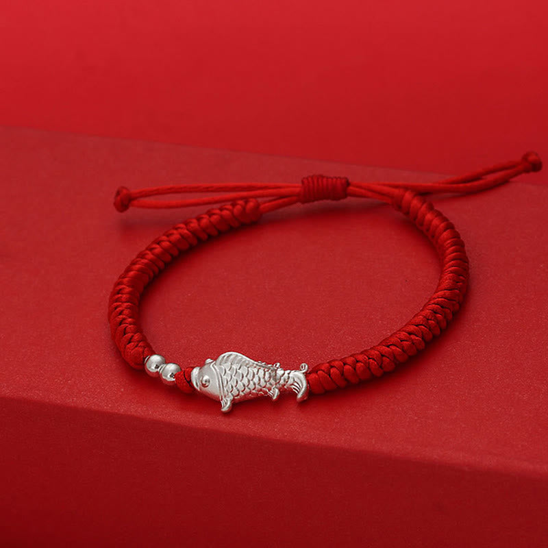 Braccialetto portafortuna con perline in argento sterling 990, motivo pesce koi in argento sterling 999, Buddha Stones e filo rosso - image 3