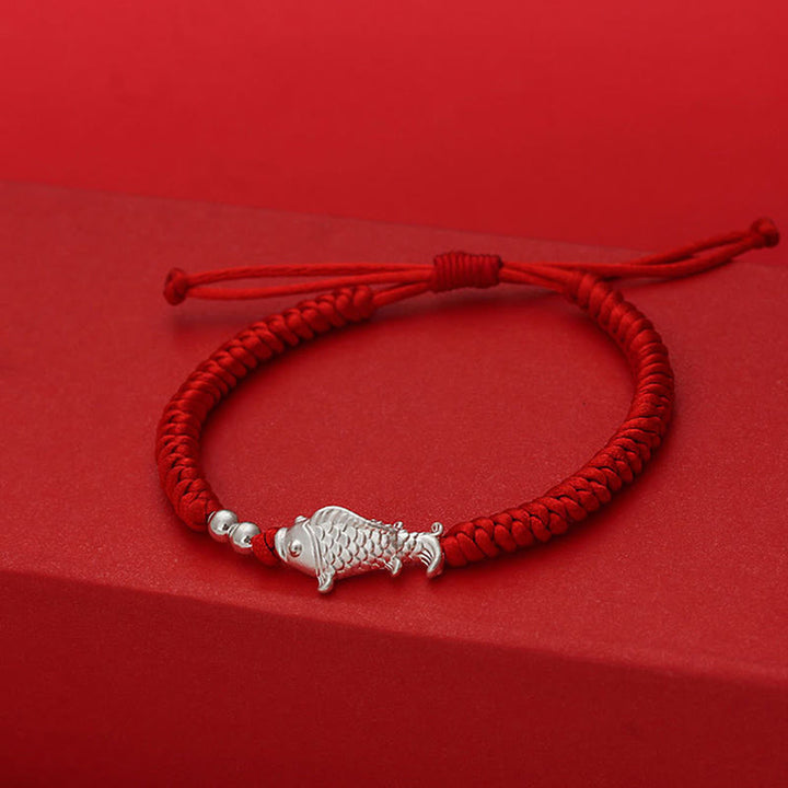 Braccialetto portafortuna con perline in argento sterling 990, motivo pesce koi in argento sterling 999, Buddha Stones e filo rosso - image 3