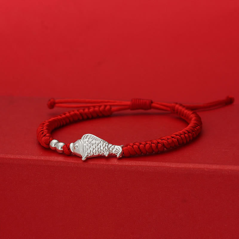 Braccialetto portafortuna con perline in argento sterling 990, motivo pesce koi in argento sterling 999, Buddha Stones e filo rosso - Cordino rosso (circonferenza del polso: 19-20 cm) - image 1