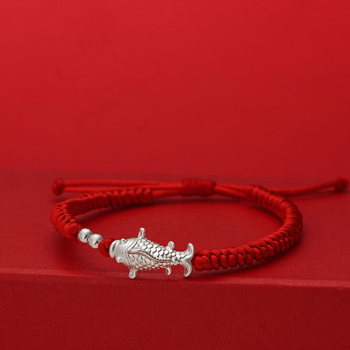 Braccialetto portafortuna con perline in argento sterling 990, motivo pesce koi in argento sterling 999, Buddha Stones e filo rosso - image 0
