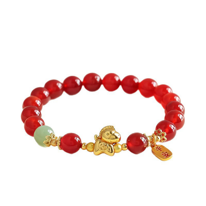 Bracciale Buddha Stones Anno del Cavallo Giada Hetian Ossidiana Nera Agata Rossa Forza - image 12