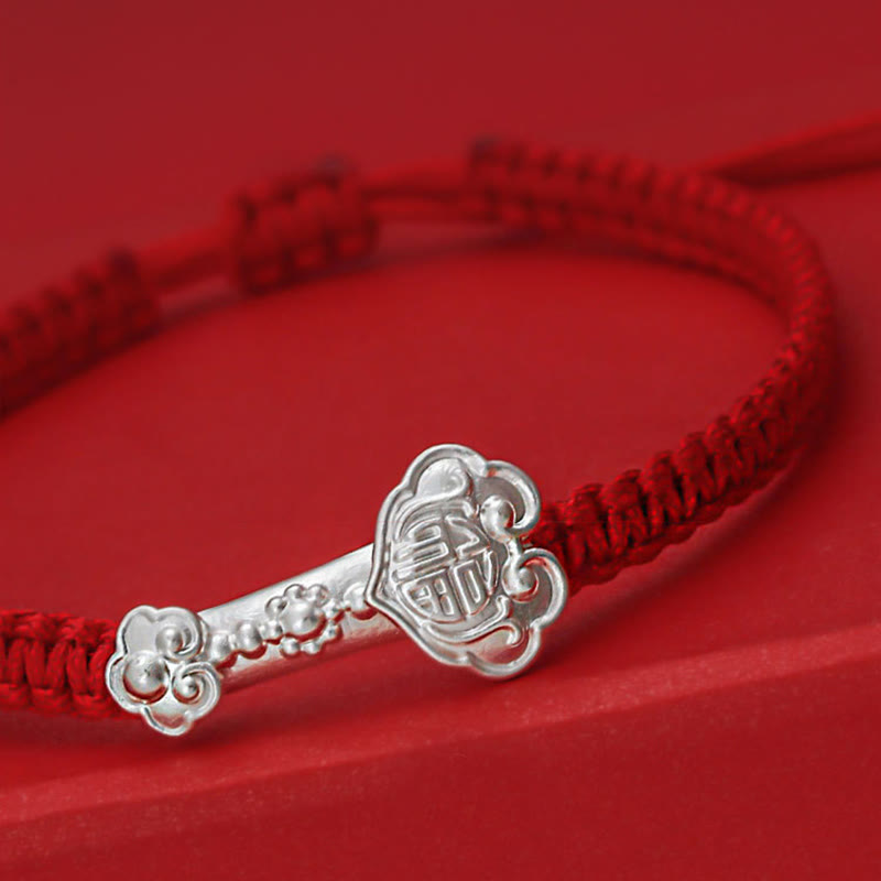 Bracciale intrecciato con cordino rosso e carattere Ruyi Fu in argento sterling 999 Buddha Stones - image 5