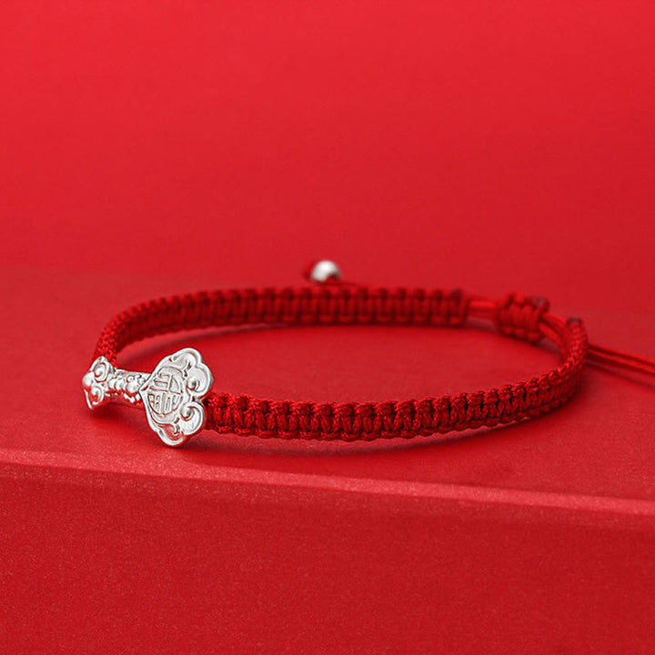 Bracciale intrecciato con cordino rosso e carattere Ruyi Fu in argento sterling 999 Buddha Stones - image 1