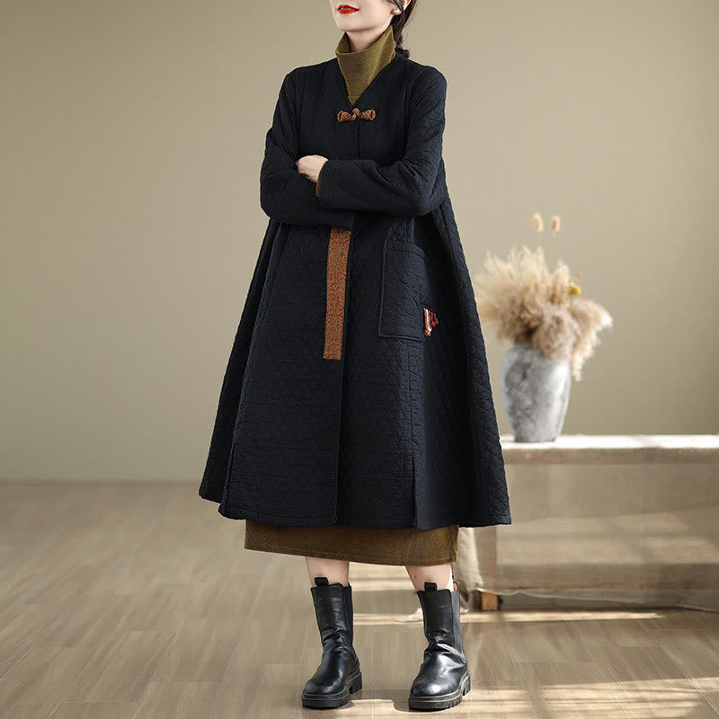 Cappotto da donna in cotone di media lunghezza con motivo a rombi e tasche Buddha Stones - image 3