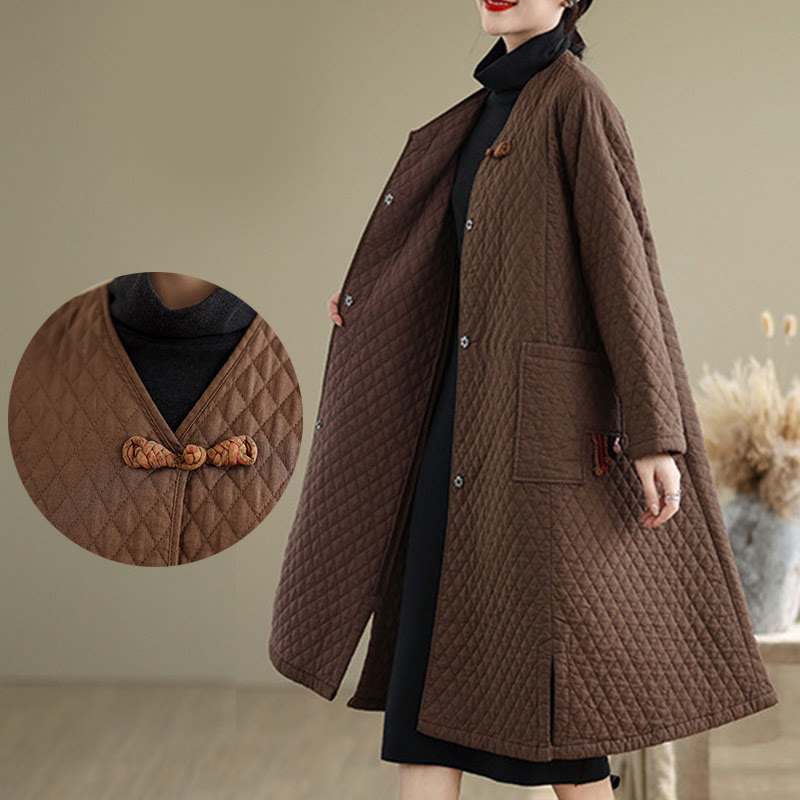 Cappotto da donna in cotone di media lunghezza con motivo a rombi e tasche Buddha Stones - image 16