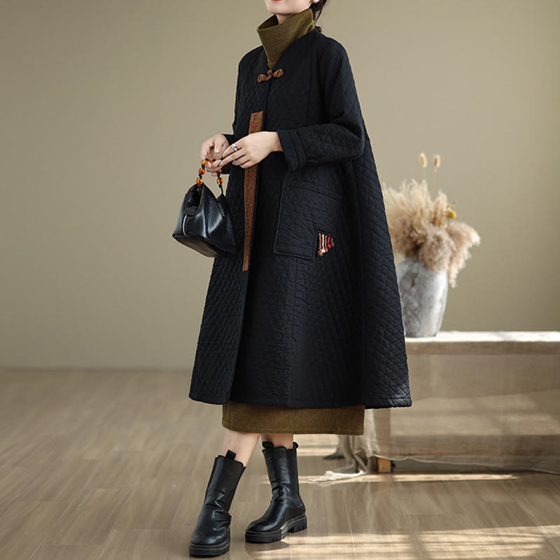 Cappotto da donna in cotone di media lunghezza con motivo a rombi e tasche Buddha Stones - image 5