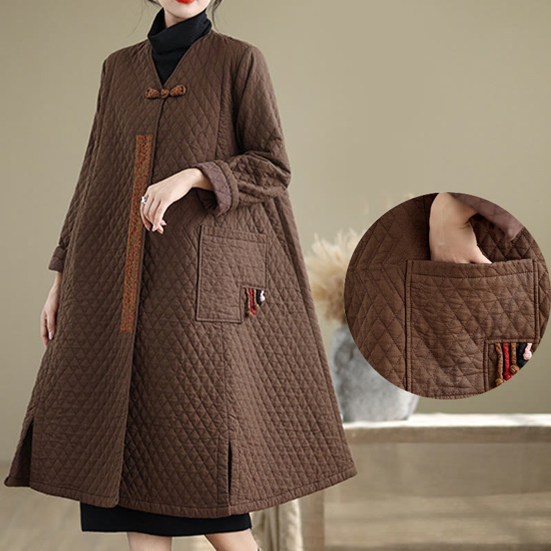 Cappotto da donna in cotone di media lunghezza con motivo a rombi e tasche Buddha Stones - image 14
