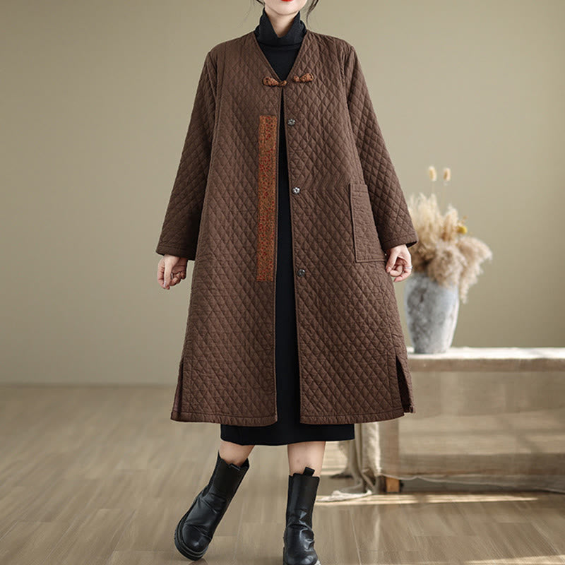 Cappotto da donna in cotone di media lunghezza con motivo a rombi e tasche Buddha Stones - image 12
