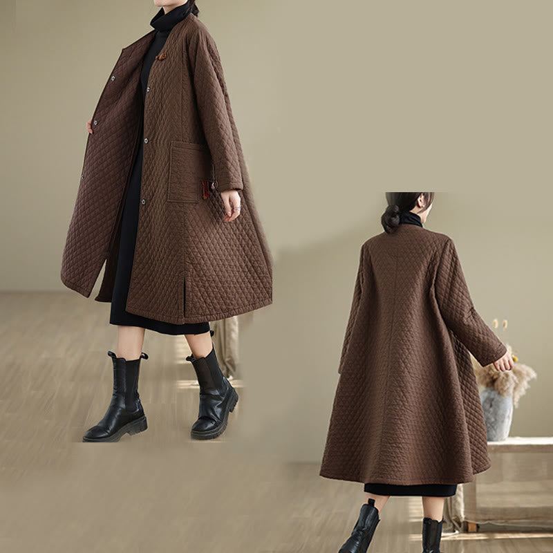 Cappotto da donna in cotone di media lunghezza con motivo a rombi e tasche Buddha Stones - image 13