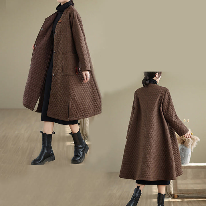 Cappotto da donna in cotone di media lunghezza con motivo a rombi e tasche Buddha Stones - image 13