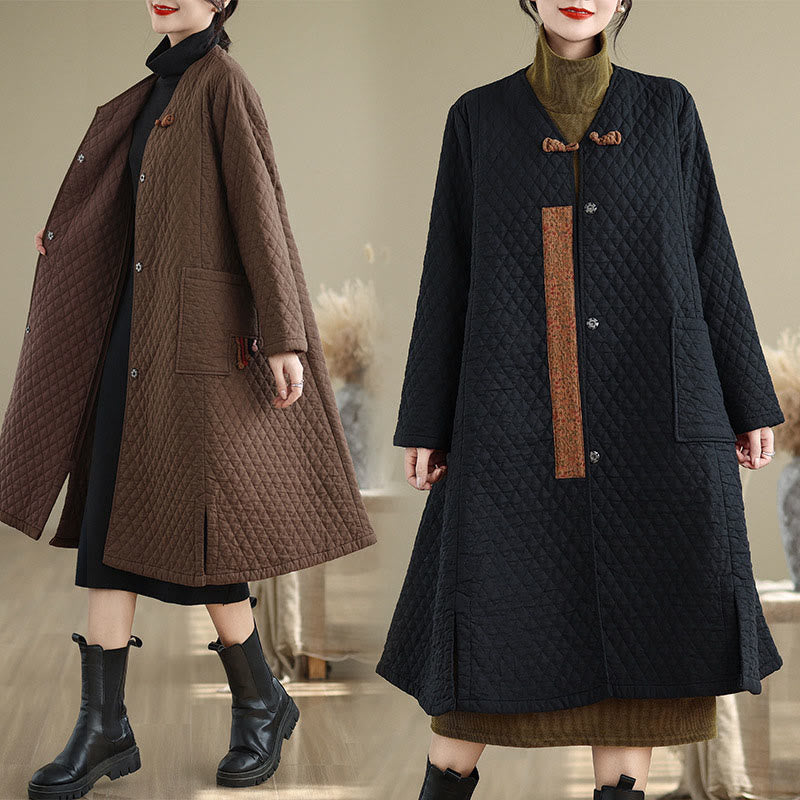 Cappotto da donna in cotone di media lunghezza con motivo a rombi e tasche Buddha Stones - image 8