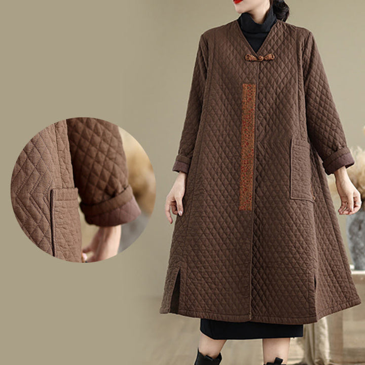 Cappotto da donna in cotone di media lunghezza con motivo a rombi e tasche Buddha Stones - image 15