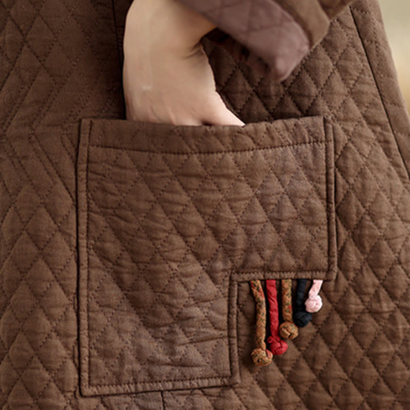 Cappotto da donna in cotone di media lunghezza con motivo a rombi e tasche Buddha Stones - image 19